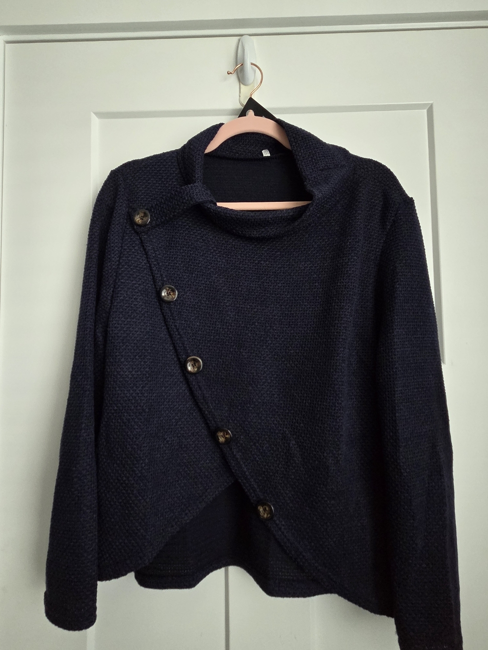 0038.  Asymmetrical Button-Front Navy Knit Sweater